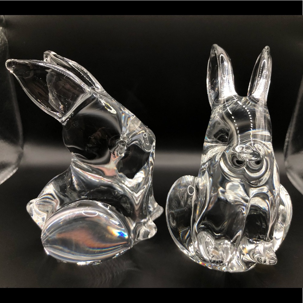 Vintage Clear Art Glass Set Of Two Bunny Rabbits Paperweight Or Easter Figurines